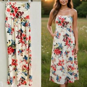 Vici Collection Strapless Long Summer White Floral Maxi Dress w/ Pockets